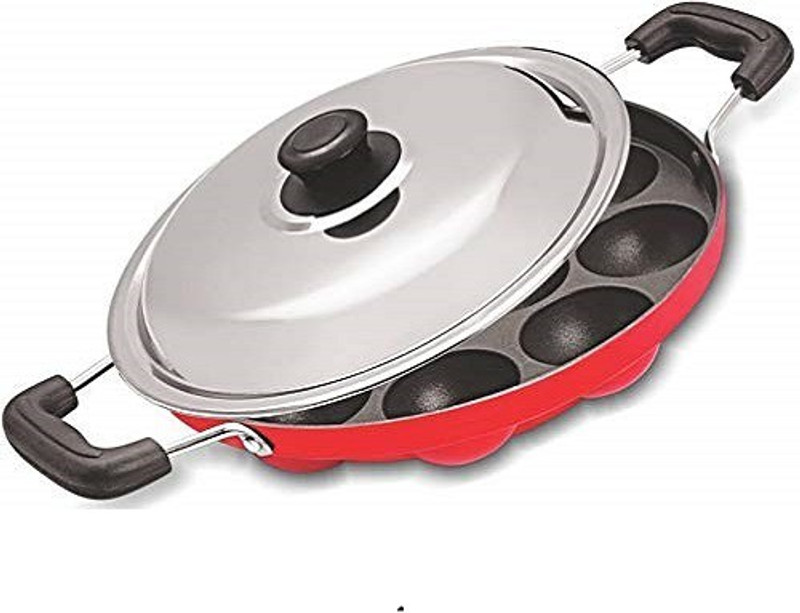 udaan Non-Stick 12 Cavity Appam Patra/Maker Hammer-Tone Coating Paniyarakkal with Lid(Aluminium, Non-stick)