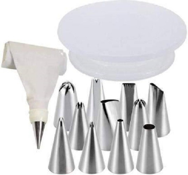 yes kitchen 360 Degree Rotating Cake Stand Platform,12 Stainless Steel Nozzles Plastic, Steel Cake Server(Multicolor, White, Silver, Pack of 2)