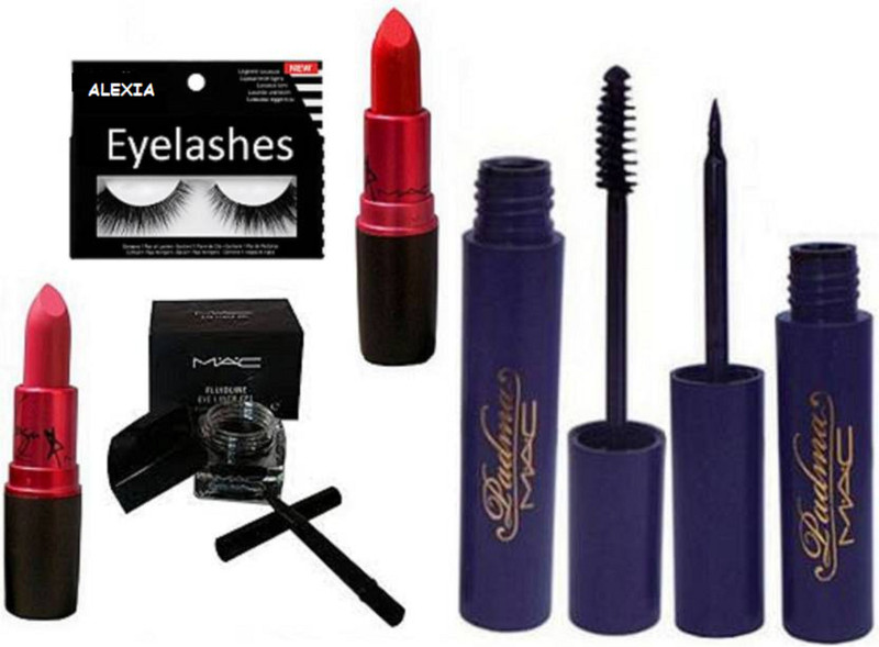 alexia eyelashes & mac padama eyeliner mascara,Fluidline Eye Liner Gel,lady gaga lipstick(6 Items in the set)