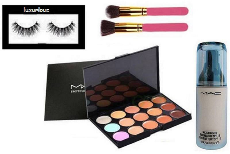 luxurious eyelashes & mac 15 shade concealer palette, matchmaster foundation,brush(5 Items in the set)