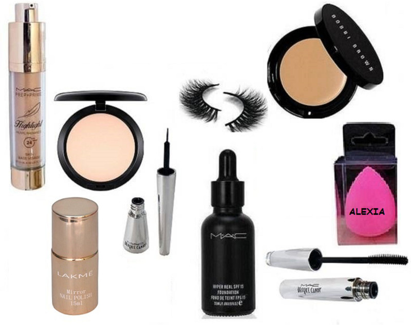 alexia sponge puff & mac hiyper real foundation, compact,mirror nail polish,eyelashes, bobbi brown concealer,highlighter,broke candy eyeliner mascara,(9 Items in the set)