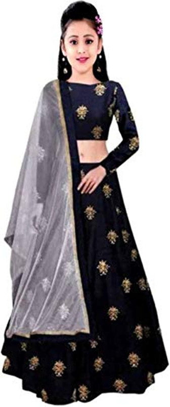 bless you enterprise Girls Lehenga Choli Ethnic Wear Embroidered Lehenga, Choli and Dupatta Set(Blue, Pack of 3)