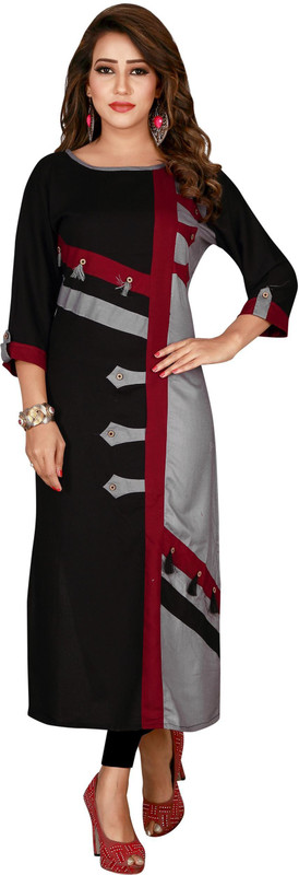 creative creation Casual Solid Women Kurti(Black, Grey)