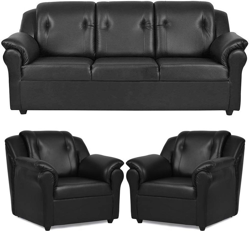 hifurn Leather 3 + 1 + 1 black Sofa Set