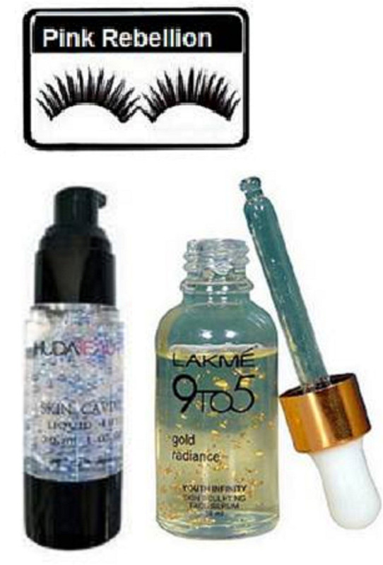 pink rebellion Eyelashes & huda beauty primer &9 to 5 gold redience face serum(3 Items in the set)