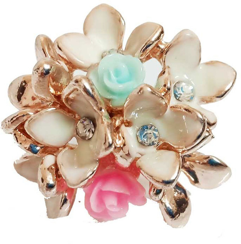 shoppersmall Cream Golden Adjustable Ring with Pink & Green Flower Alloy Ring