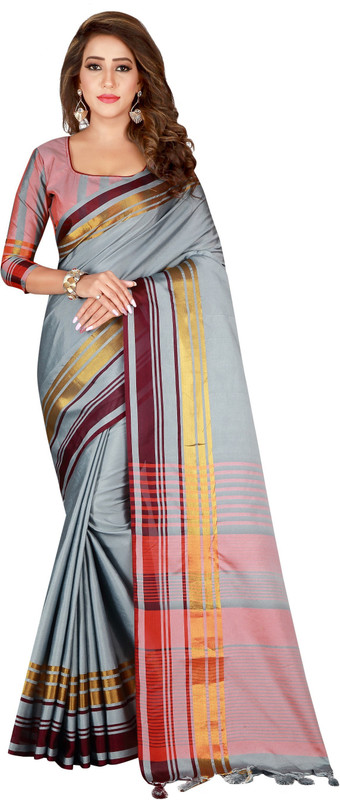4jstar Embroidered Fashion Cotton Rayon Blend Saree(Grey)
