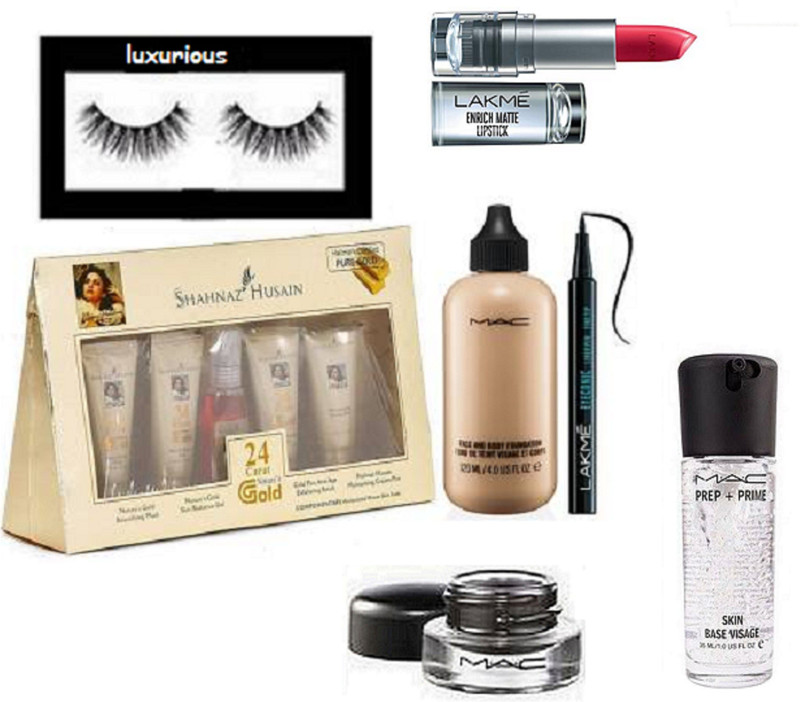 luxurious eyelashes & shahnaz husain 24 gold kit,mac face and body foundation,lakme eyeconic liner,enrich lipstick,Fluidline Eye Liner Gel liner,prep+prime primer(7 Items in the set)