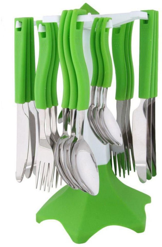 likeware Trendy Cutlery Set 24 pcs with Revolving Stand Green Stainless Steel, Plastic Cutlery Set(Pack of 24)