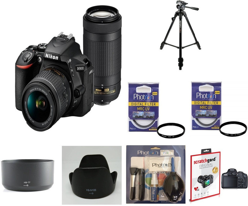 Nikon D5600 (With Basic Accessory Kit) DSLR Camera Body with Dual Lens: AF-P DX Nikkor 18 - 55 MM F/3.5-5.6G VR and 70-300 MM F/4.5-6.3G ED VR (16 GB SD Card)(Black)