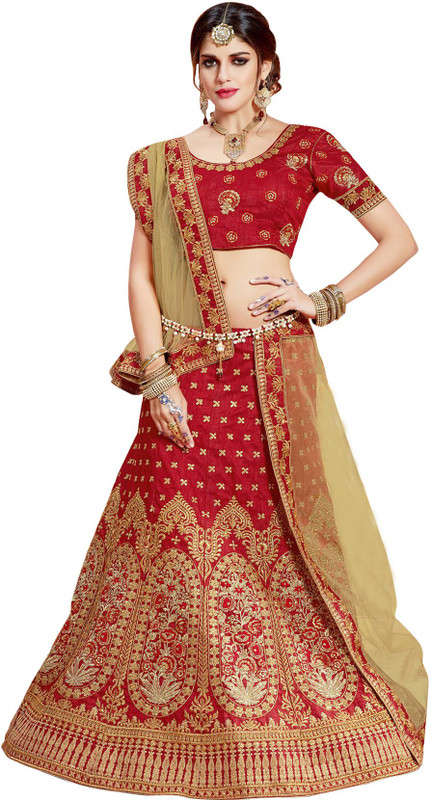 everwillow Embroidered Semi Stitched Lehenga, Choli and Dupatta Set(Red)