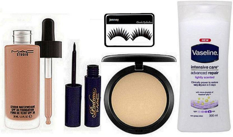 jenney Eyelashes & Studio Waterweight Foundation,,Padma Eyeliner,Studio Fix Compact,Vaseline Intensive Care Advanced Repair Body Lotion.(5 Items in the set)