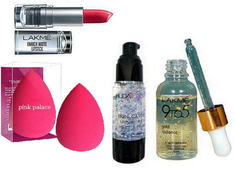pink palace Sponge puff & huda beauty primer & gold redience face serum(4 Items in the set)