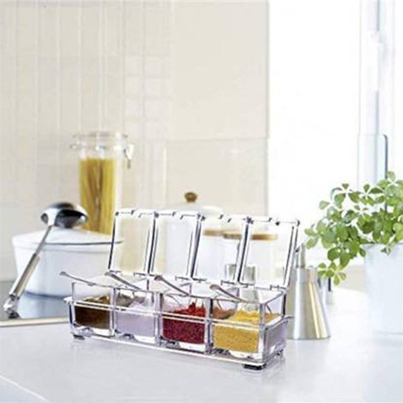 qikksecommerce Acrylic Box Pepper Salt Spice Rack Plastic 4 Box with Spoons 1 Piece Condiment Set 1 Piece Condiment Set(Plastic)