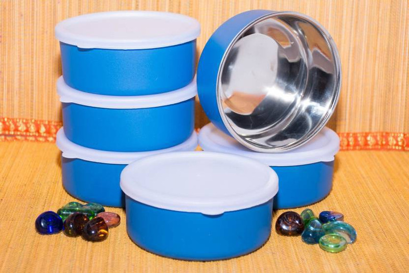 stupefying 6 Microwave Stainless Steel Container  - 300 ml Steel Spice Container, Pickle Container & Salt Pepper Container(Pack of 6, Blue)
