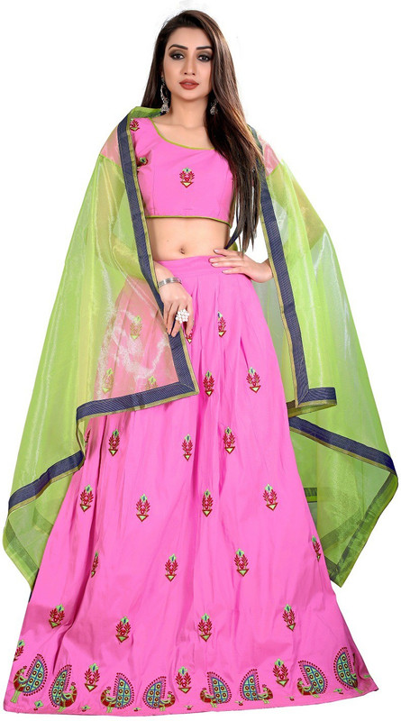 device of horse Embroidered Stitched Lehenga, Choli and Dupatta Set(Pink)