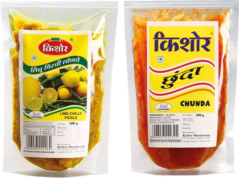 kishor masalewale Combo Pack of Lime Chilly Pickle & Chunda Lime, Green Chilli, Mango Pickle(400 g, Pack of2)