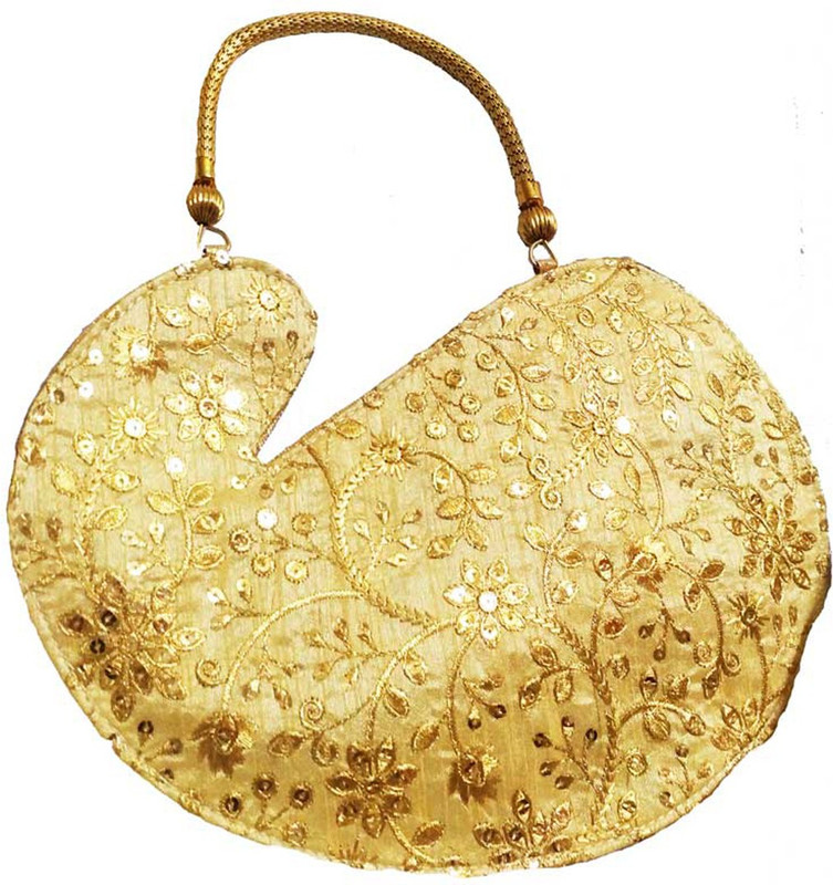 shoppersmall Golden Handbag with Golden Leafs Print & Metal Handle Wristlet(Gold)