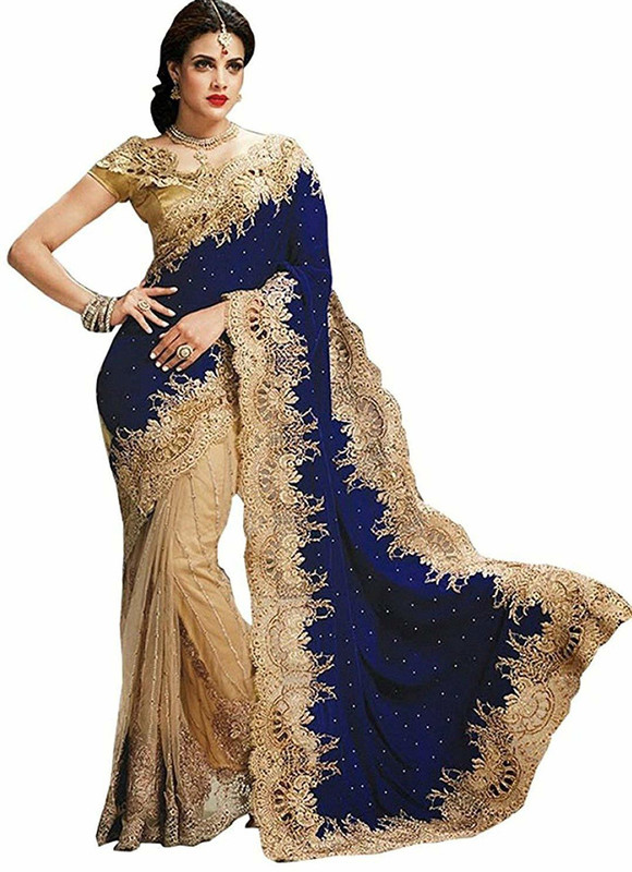 superlaxmi Embroidered Fashion Velvet, Net Saree(Blue, Beige)