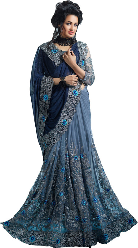 b bella creation Embroidered Bollywood Poly Georgette Saree(Dark Blue)