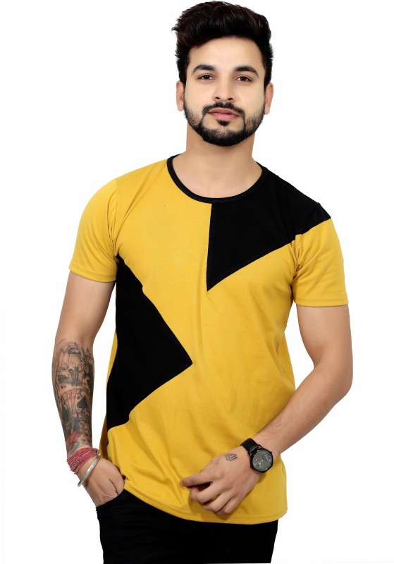 EG Color block Men Round Neck Yellow T-Shirt