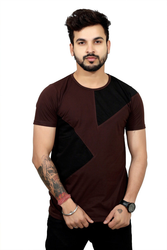 the eg store Color Block Men Round Neck Brown T-Shirt