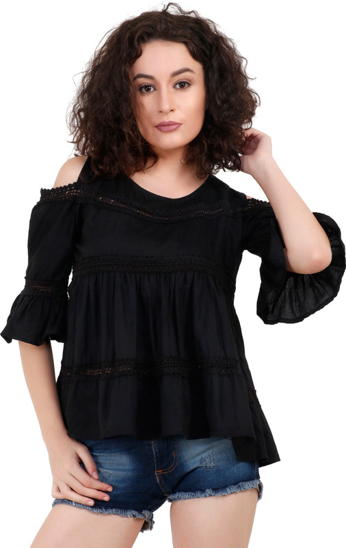 lalaindia Casual Cold Shoulder Solid Women Black Top