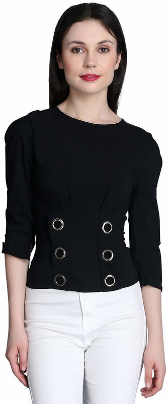 vogue tantra Casual 3/4 Sleeve Solid Women Black Top