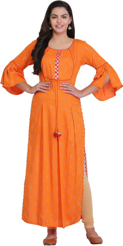 dezireroots Women Printed A-line Kurta(Orange)