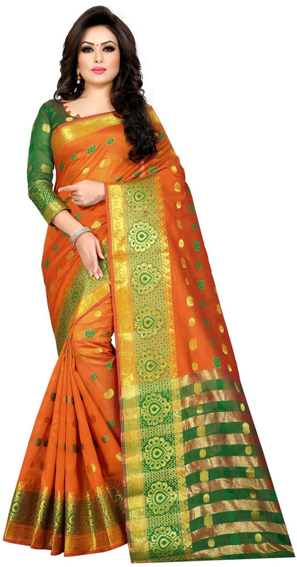 mangalam fashion Woven Banarasi Poly Silk Saree(Green, Orange)