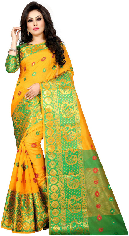 mangalam fashion Woven Banarasi Poly Silk, Cotton Silk Saree(Green, Yellow)
