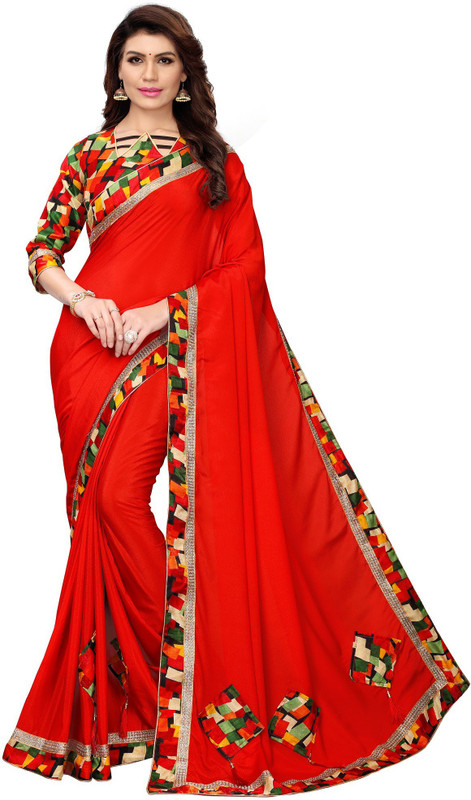 vivels Applique Fashion Silk Blend Saree(Red)