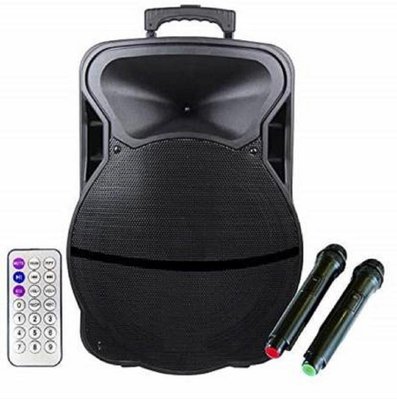 QUALIMATE Karaoke Bluetooth PA System Portable Trolley Speaker with 2 Wireless Mic, Remote Control, FM Radio and AUX/TF/USB (12 Inch 2) Outdoor, Indoor PA System(60 W)