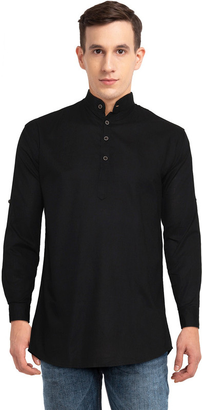 pearl ocean Men Solid Straight Kurta(Black)