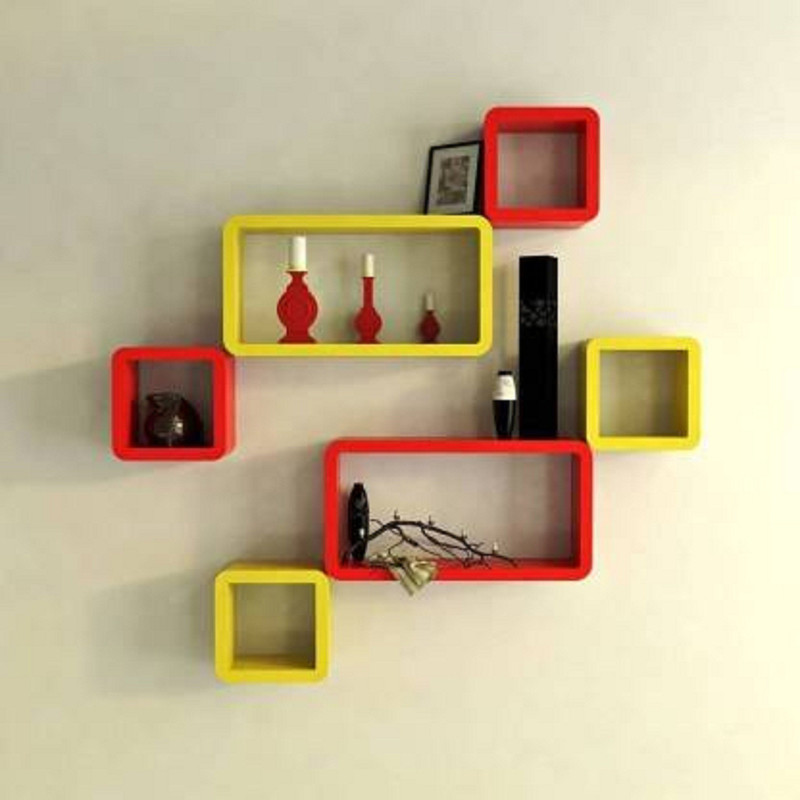 shopping entr prises Rad yellow cube shape MDF (Medium Density Fiber) Wall Shelf(Number of Shelves - 2, Red, Yellow)