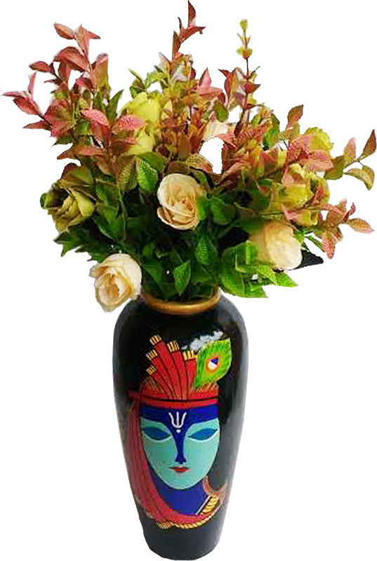 tovick Vase with two bunches of mini leaves and Single bunch of Roses Artificial Wooden Vase(22 cm, Red, Green, Black)