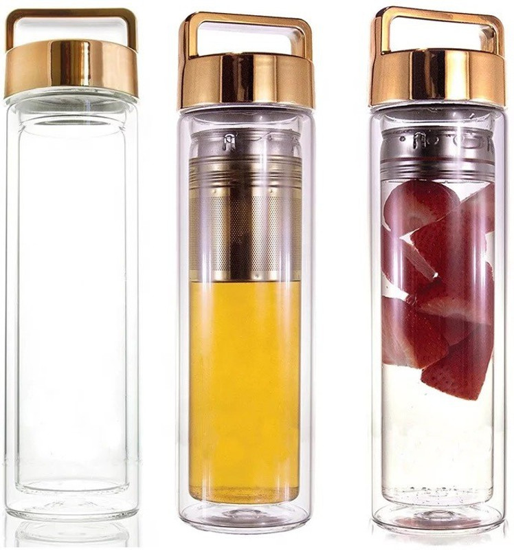 dtox bottle Double Walled Glass Bottle Infuser with Shiny Stylish Metallic Gold Handle 450 ml Bottle(Pack of 1, Gold)
