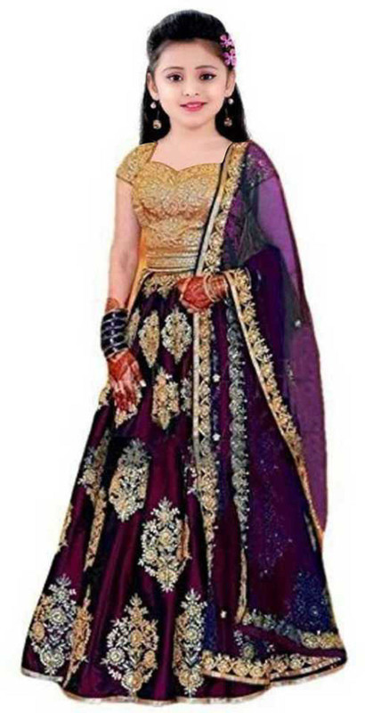 piludi Girls Lehenga Choli Fusion Wear, Western Wear, Party Wear Embroidered, Self Design Lehenga, Choli and Dupatta Set(Purple, Pack of 1)