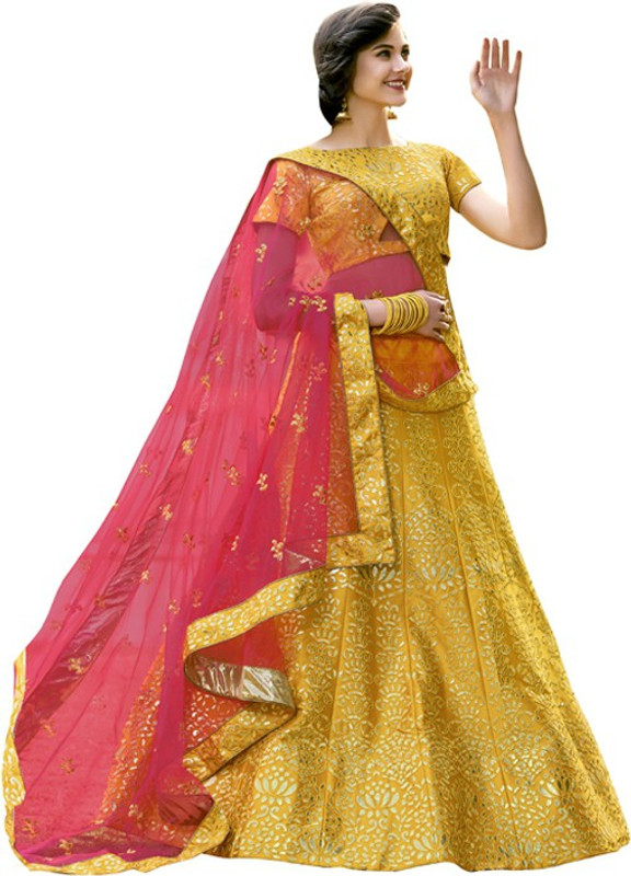 panchhi Embroidered Semi Stitched Lehenga, Choli and Dupatta Set(Yellow)