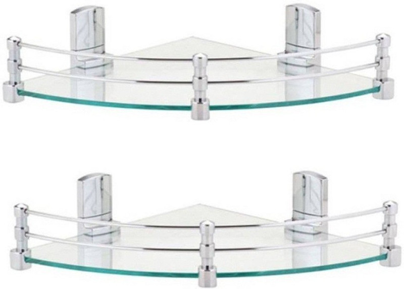 intenzo Multi-Purpose Glass Corner Shelf with Heavy Wall Brackets(Glossy)- 10x10 Inches -Pack of 2 Glass Wall Shelf(Number of Shelves - 1, White)