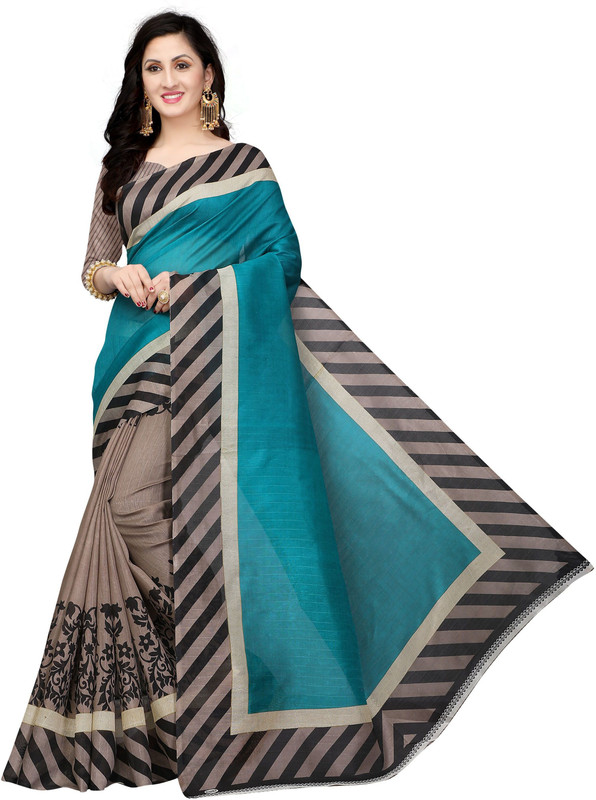 gclot Printed Kalamkari Cotton Blend Saree(Blue)