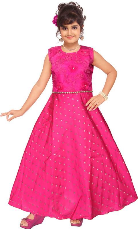 PAFEKT 4U Indi Girls Maxi/Full Length Festive/Wedding Dress(Pink,  Sleeveless)