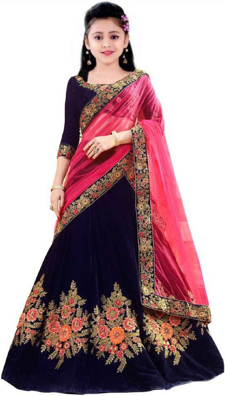 piludi Girls Lehenga Choli Fusion Wear, Western Wear, Ethnic Wear, Party Wear Embroidered, Self Design Lehenga, Choli and Dupatta Set(Blue, Pack of 1)