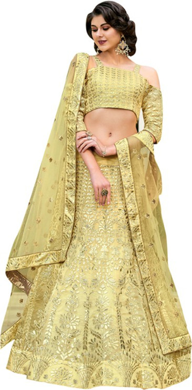 panchhi Embroidered Semi Stitched Lehenga, Choli and Dupatta Set(Yellow)