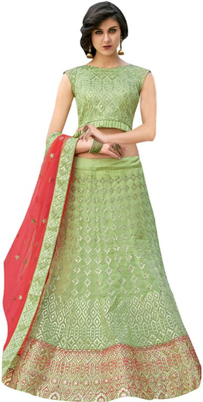 panchhi Embroidered Semi Stitched Lehenga, Choli and Dupatta Set(Light Green)