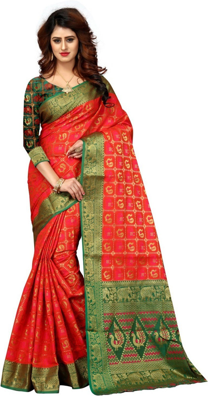 shobha saree Animal Print Patola Pure Silk, Poly Silk Saree(Orange)