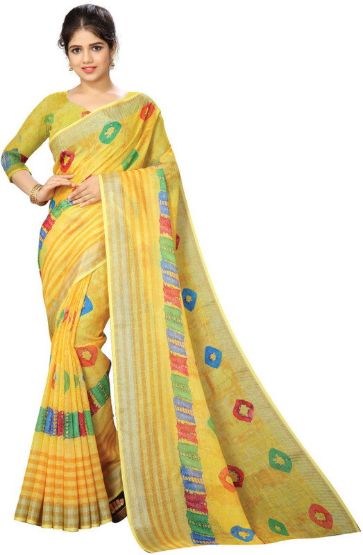 kankai Digital Print Daily Wear Linen Blend Saree(Yellow)