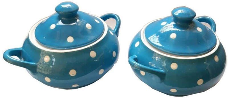 mushti Handpainted Stoneware Serving Donga Casserole Set with Lid – Set of 2 | Dinner Serving Set | Stackable Kitchen Bowl Set Bowl Spoon Serving Set(Pack of 1)