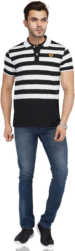 am2pm Striped Men Polo Neck Black T-Shirt