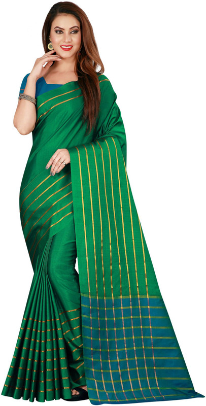 4jstar Plain, Checkered Sambalpuri Cotton Rayon Blend, Silk Blend Saree(Green)